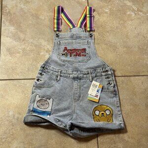 Adventure Time Rainbow Straps Denim Shortalls SMALL Jake Finn BMO New